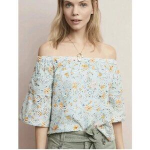Anthropologie Laia sea green floral eyelet off the shoulder top size S